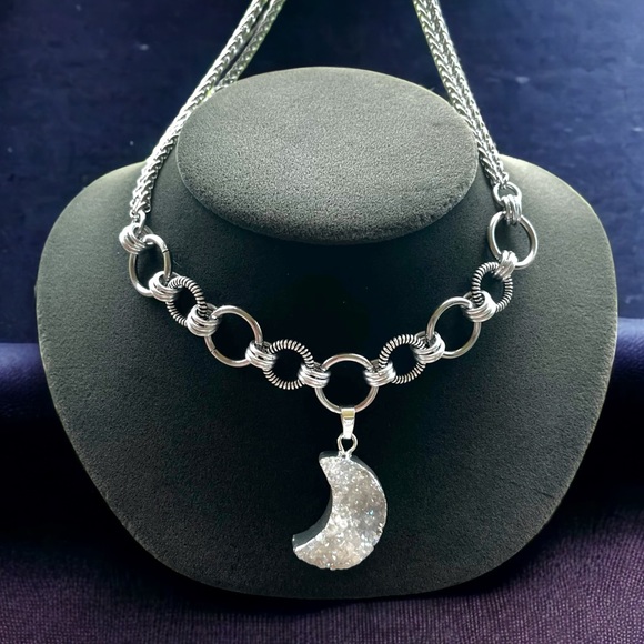 stainless steel necklace double wheat chain druzy quartz crescent moon charm - Picture 1 of 12